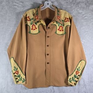 Hand Embroidered Western Cowboy Shirt Large L Butterfly Collar Snap Up Mens